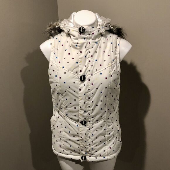 Burton Dryride Puffer Vest Small Cream Hooded Faux Fur Trim Zip Snap Pockets - Picture 12 of 12